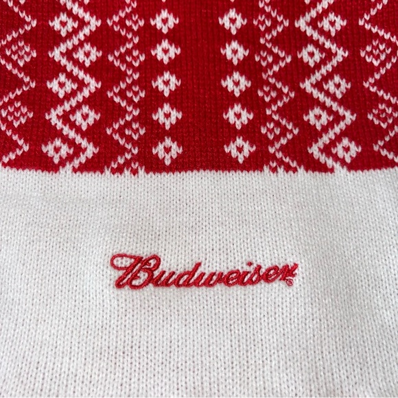 Budweiser Red White Knit Scarf Fringe Tassel Fair Isle - Picture 3 of 4